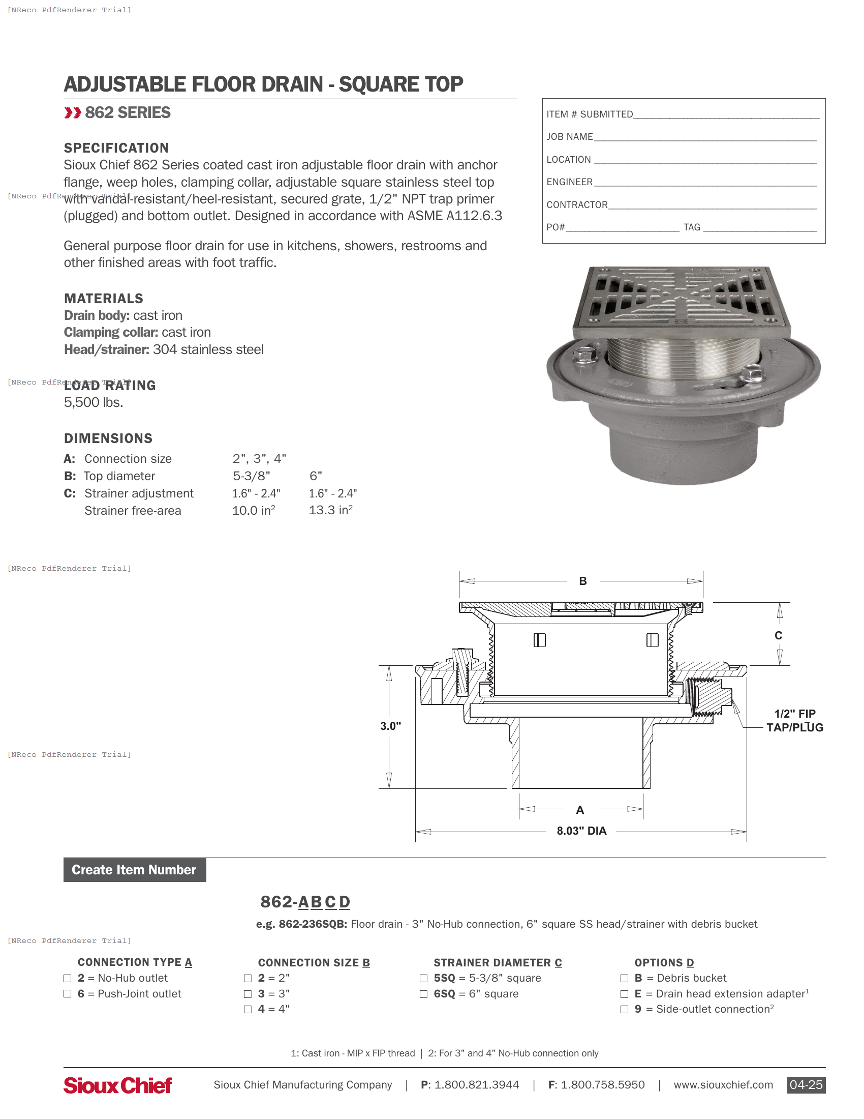 862 SERIES - ADJUSTABLE FLOOR DRAIN WITH SQUARE SS TOP - SPEC SHEET.PDF Specification Document